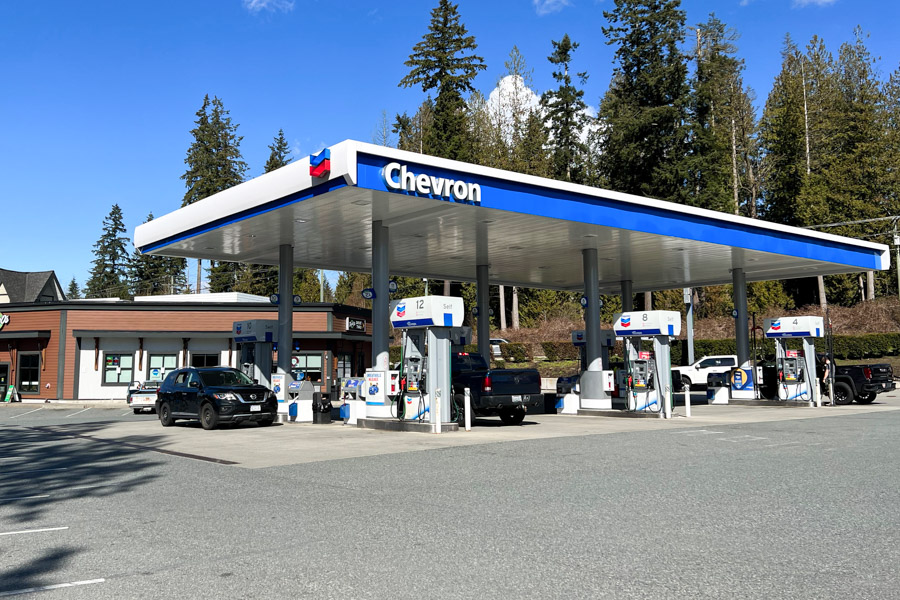 The exterior of a Chevron gas station
