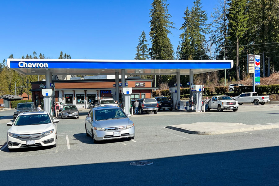 The exterior of a Chevron gas station